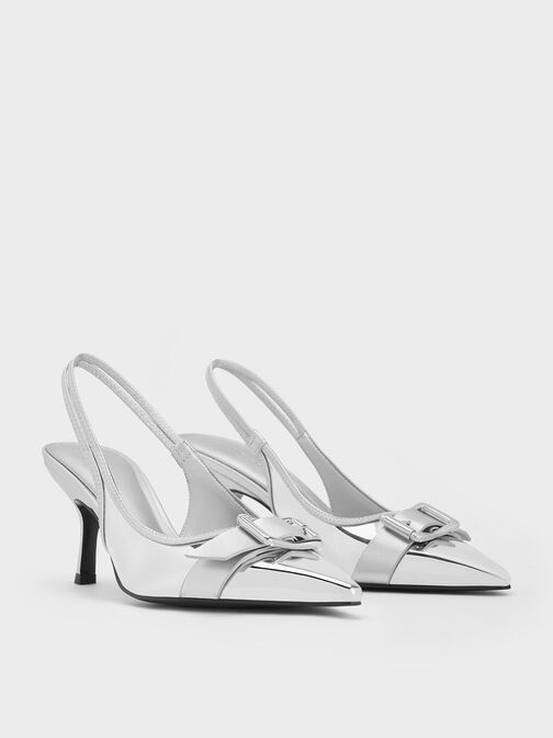 Metallic Buckled Pointed-Toe Slingback Pumps, Silver, hi-res