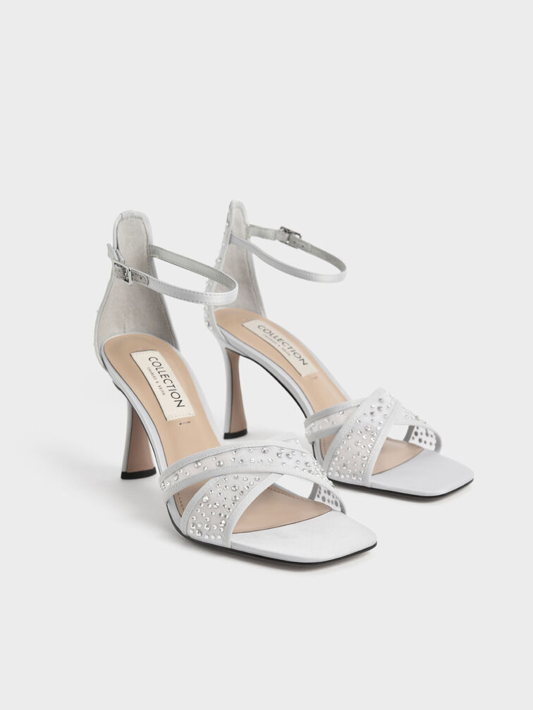 Blythe Mesh & Satin Embellished Sandals, Silver, hi-res