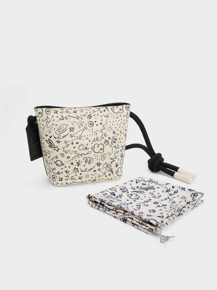 Gwiana Knotted Printed Bucket Bag, Cream, hi-res