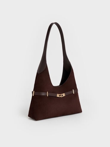 Arlet Recycled Suede Metallic-Accent Belted Hobo Bag, Espresso Brown, hi-res
