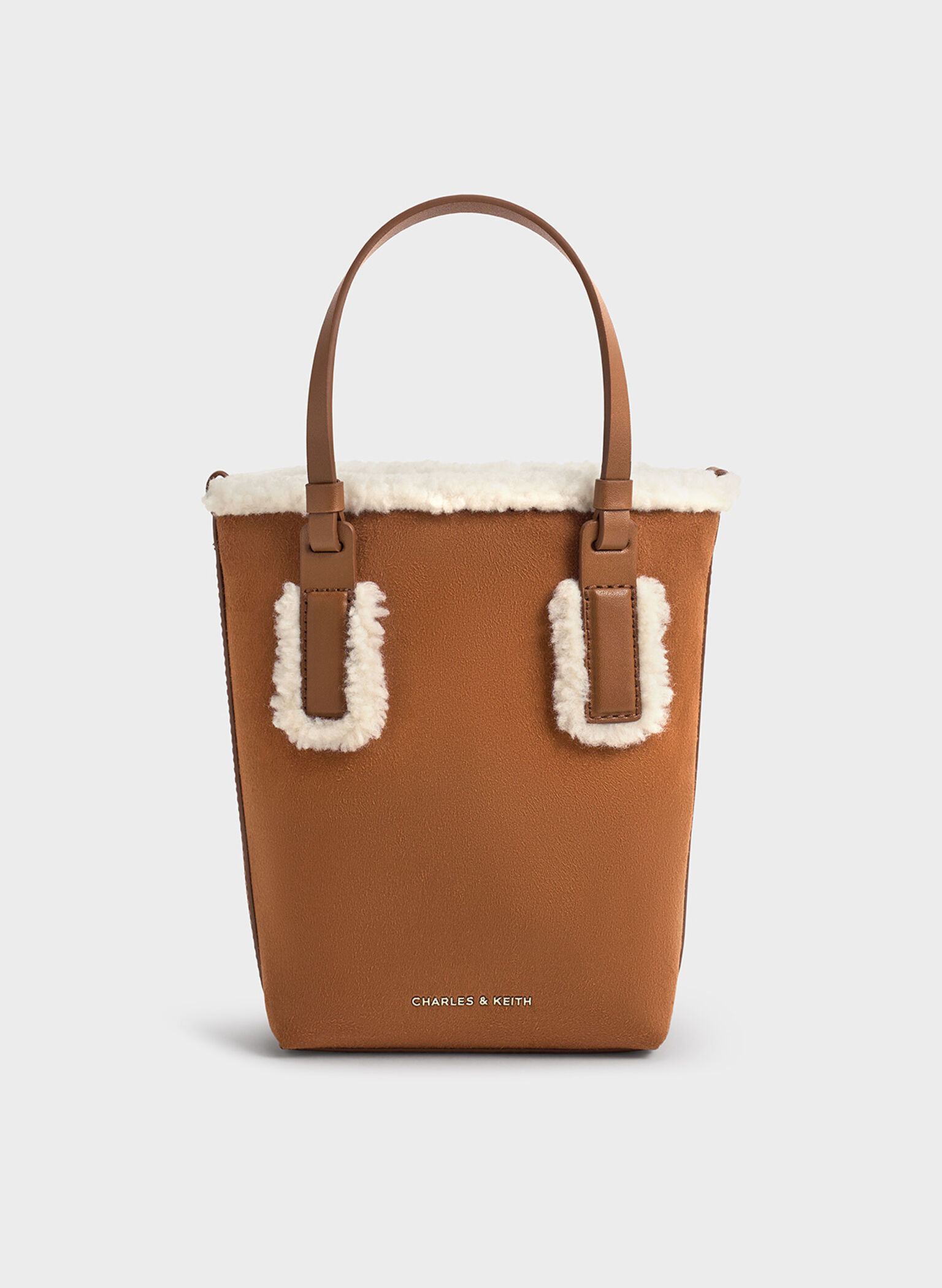 Noelle Faux Suede Fur-Trim Elongated Tote, Brown, hi-res