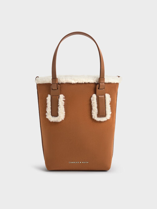 Noelle Faux Suede Fur-Trim Elongated Tote, Brown, hi-res