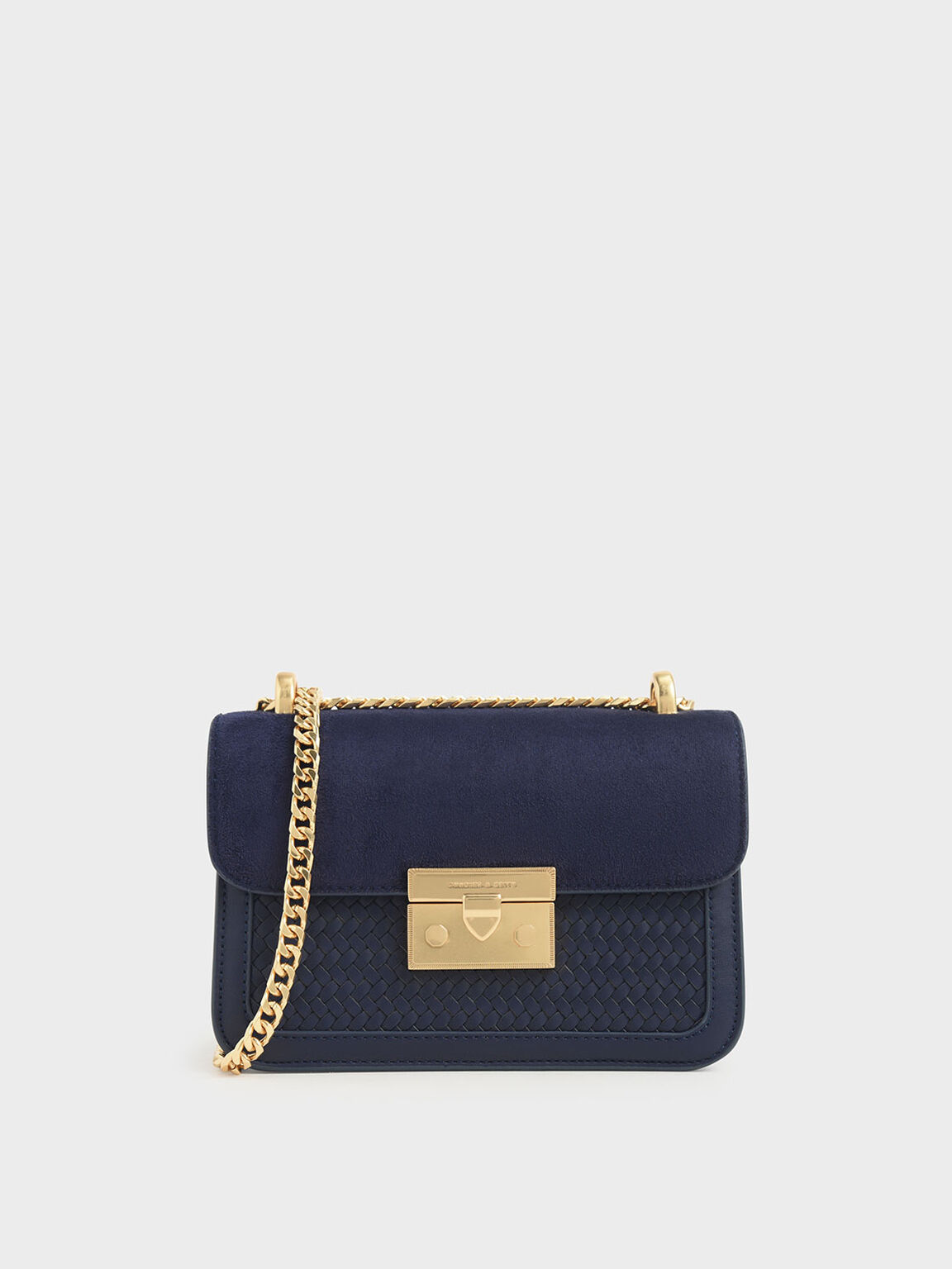 Dark Blue Woven Boxy Chain Strap Bag