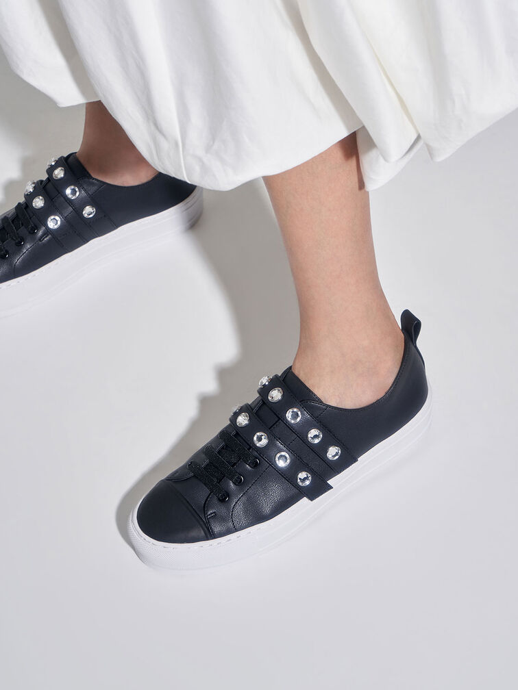 Black Gem-Embellished Platform Sneakers - CHARLES & KEITH International