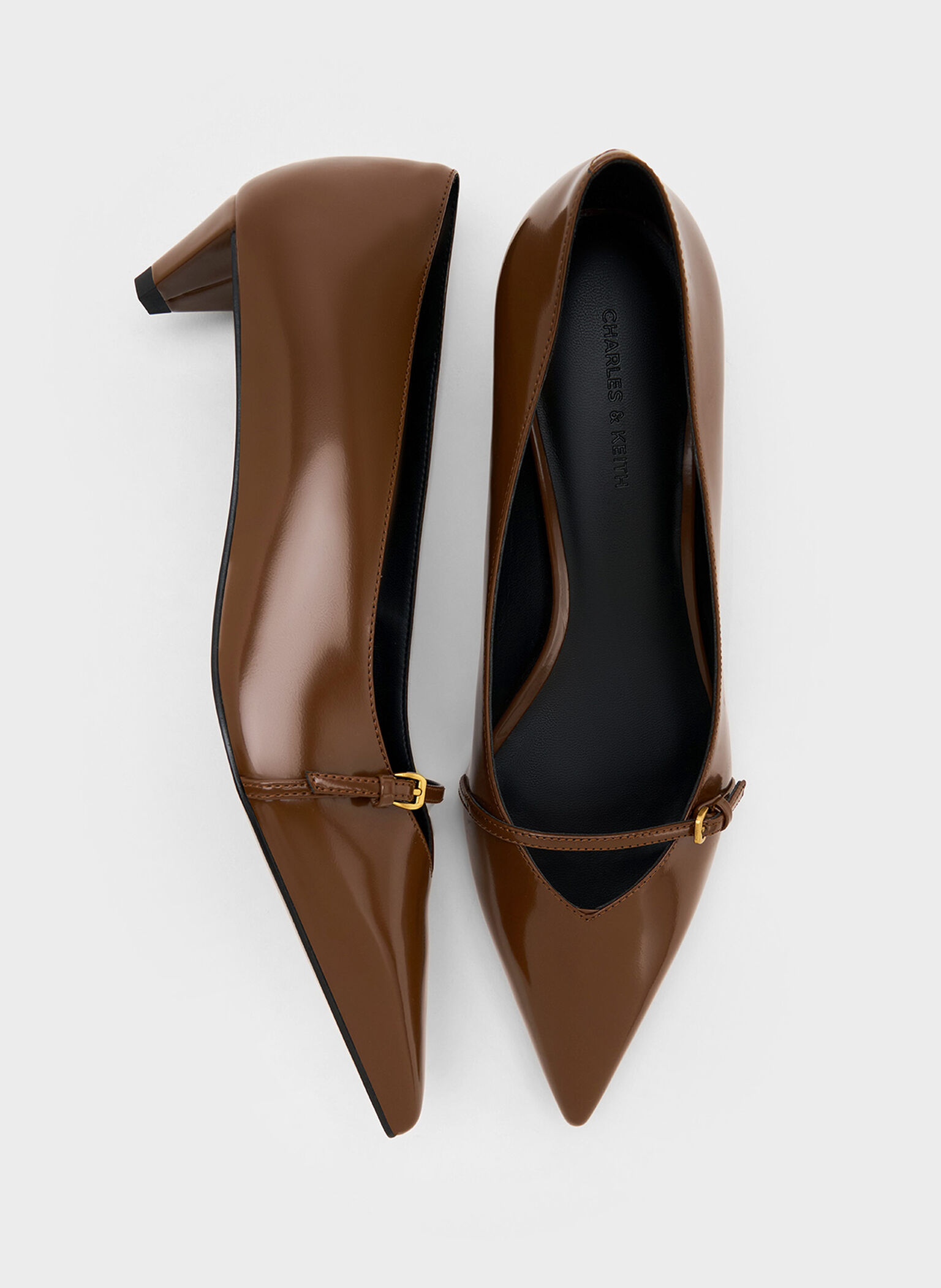 Buckled Pointed-Toe Kitten-Heel Pumps, Brown, hi-res