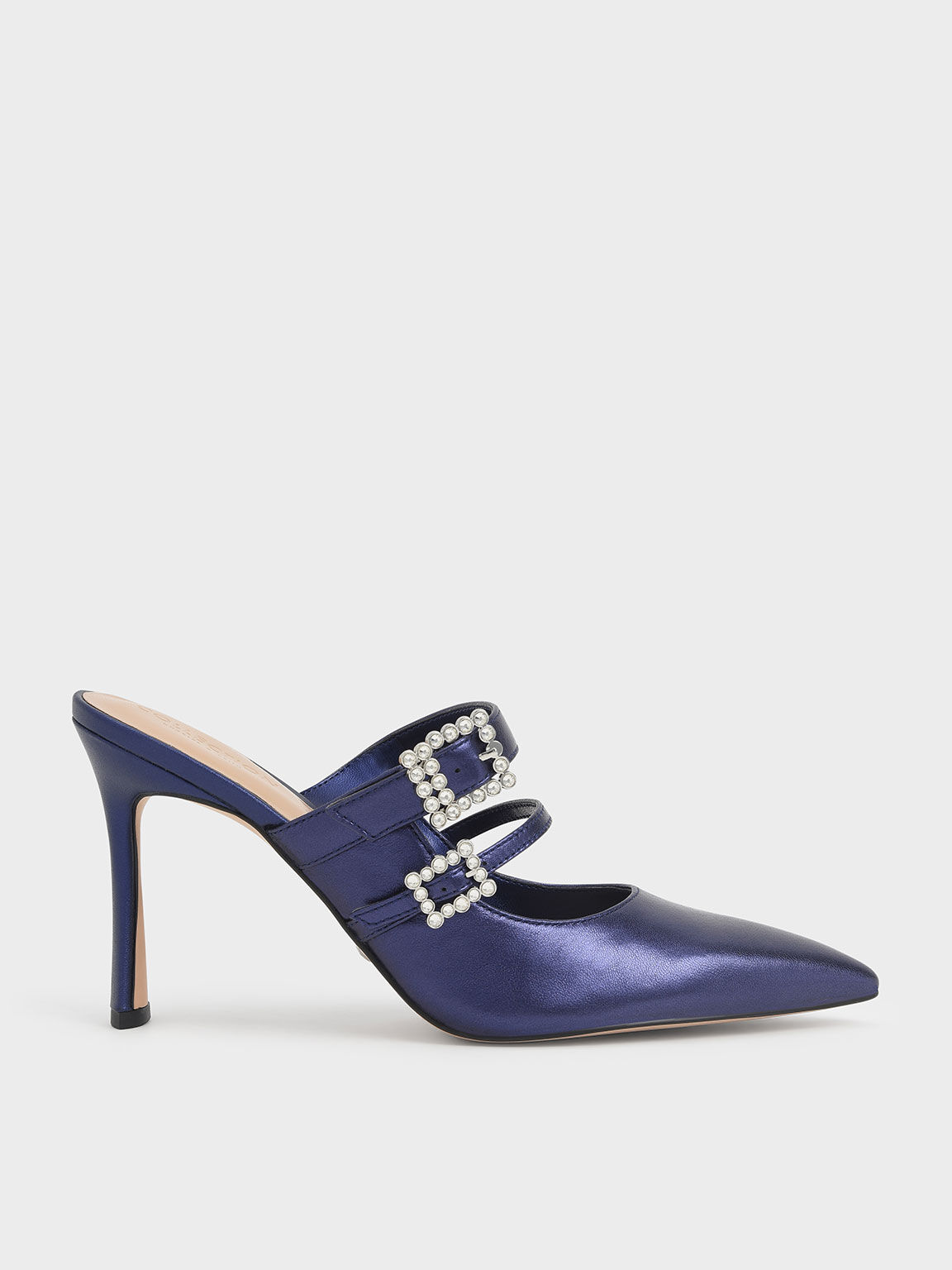 Leather Gem-Embellished Stiletto Mules, Blue, US 8
