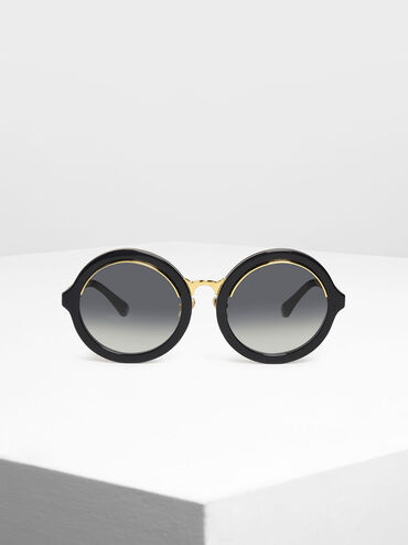 Thick Frame Round Sunglasses, Black, hi-res