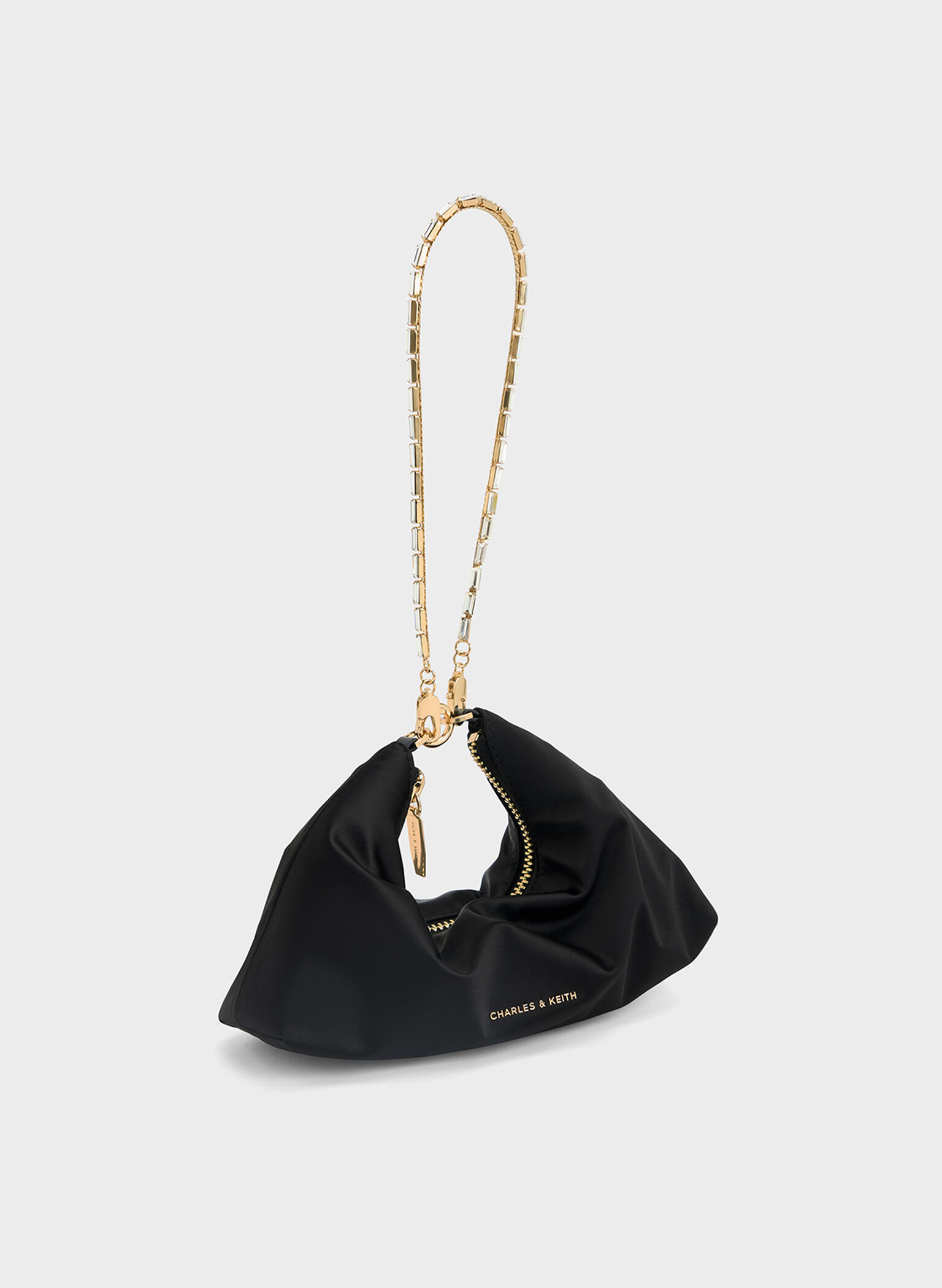Bolso de raso de dos asas con cadena y adornos de cristal, Negro, hi-res