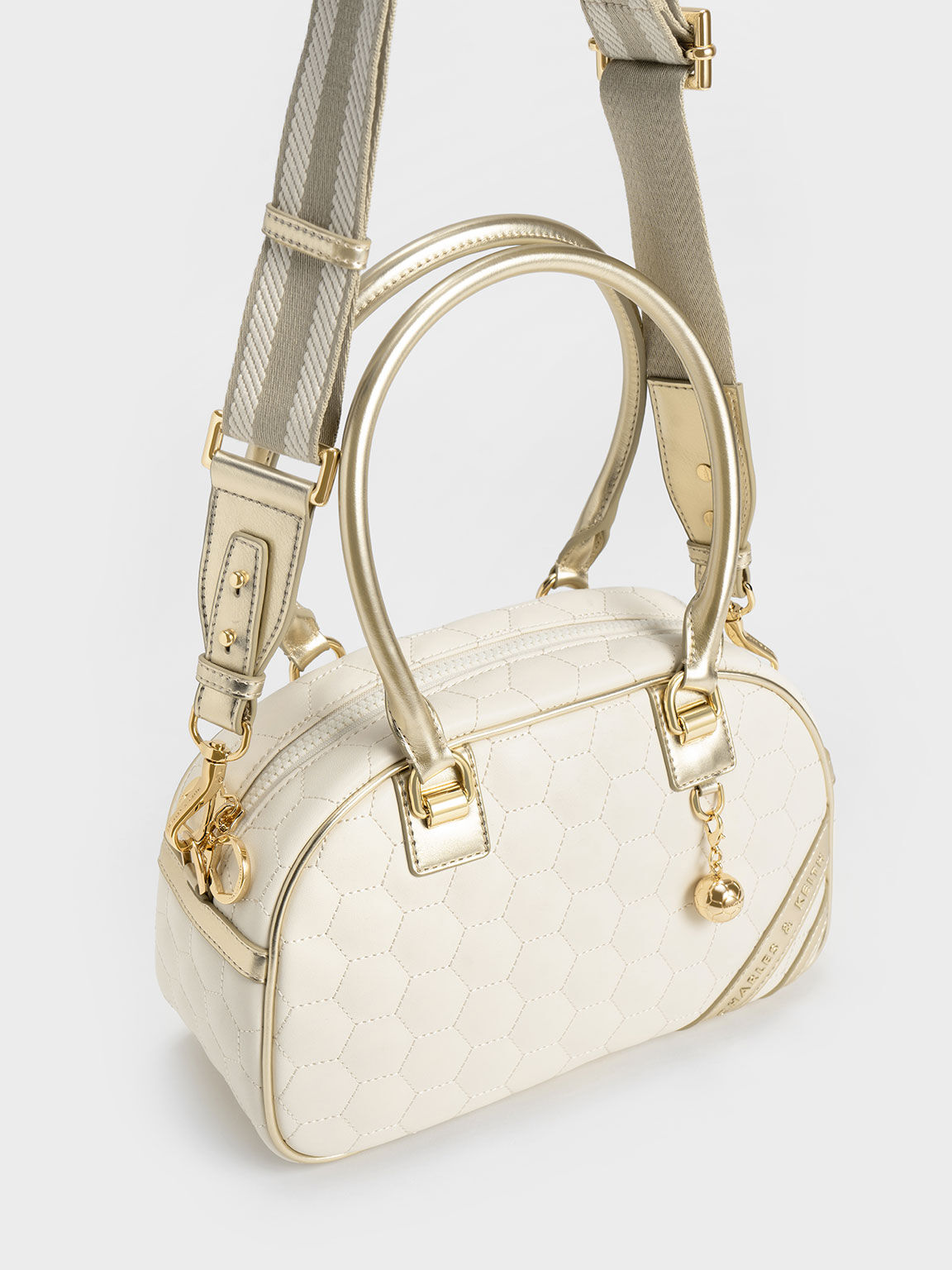 Striped Textured Bowling Bag, Gold, hi-res