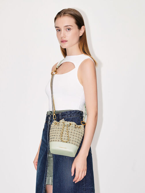 Dancer Tweed Drawstring Bucket Bag, Mint Green, hi-res