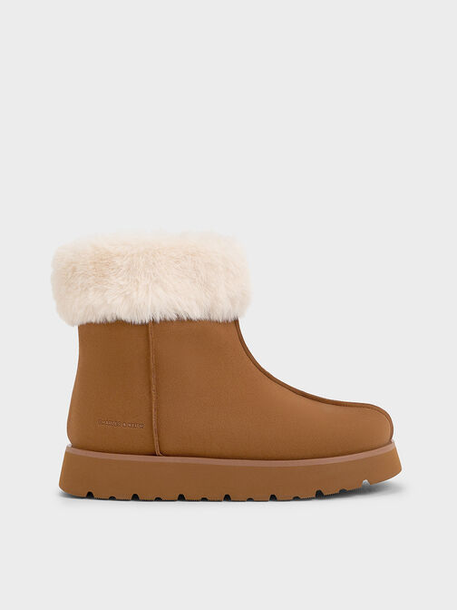 Girls' Faux Suede Fur-Trim Ankle Boots, Brown, hi-res