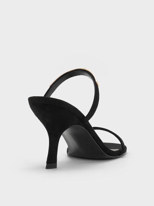 Faux Suede Metallic-Accent Double-Strap Heeled Sandals, Black Textured, hi-res