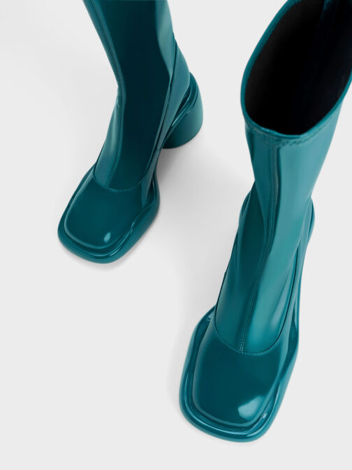 Lula Patent Chunky Heel Calf Boots, Turquoise, hi-res