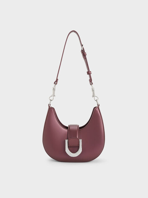 Bolso hobo Gabine de piel con adornos de cristales, Ciruela, hi-res