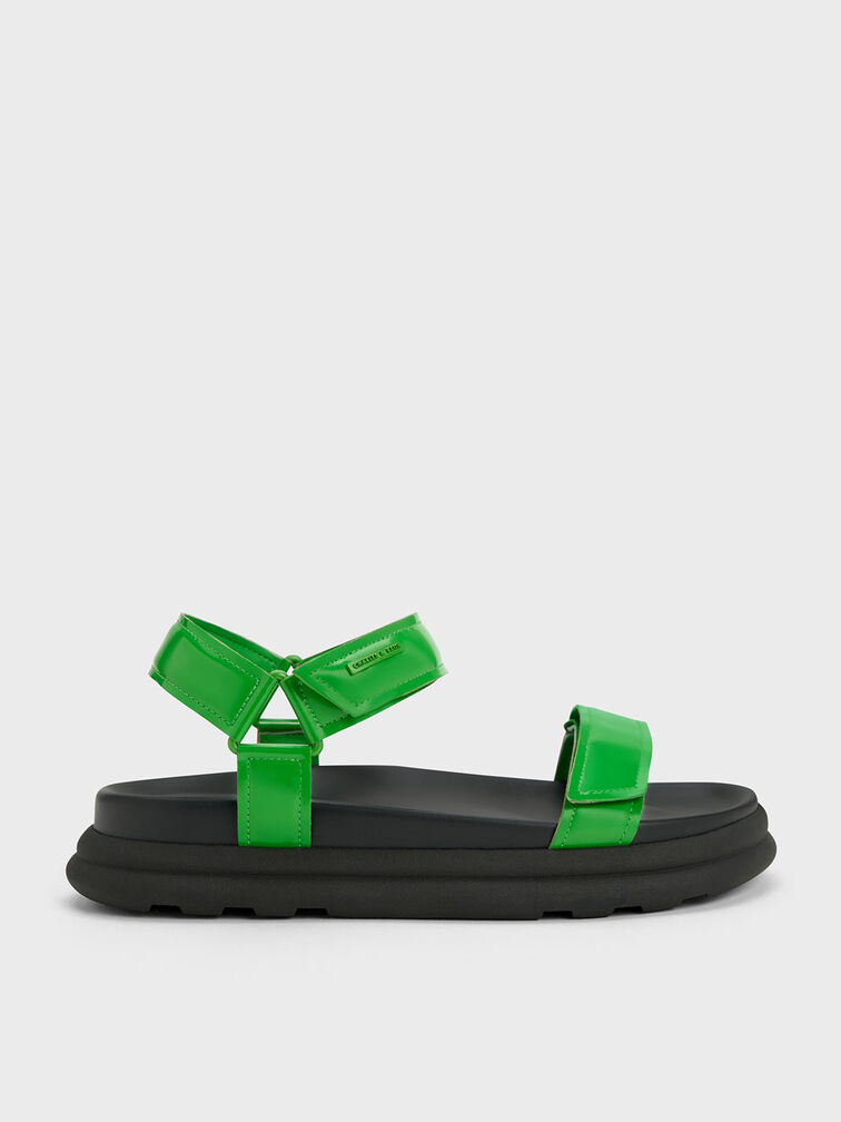 Patent Strappy Sports Sandals, Green, hi-res