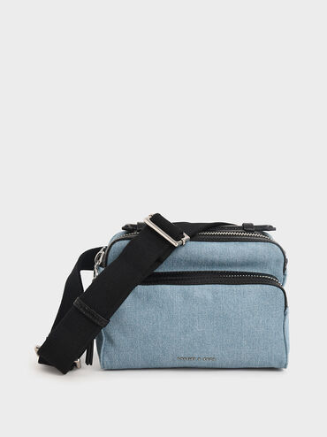 Textured Double Zip Bag, Denim Blue, hi-res