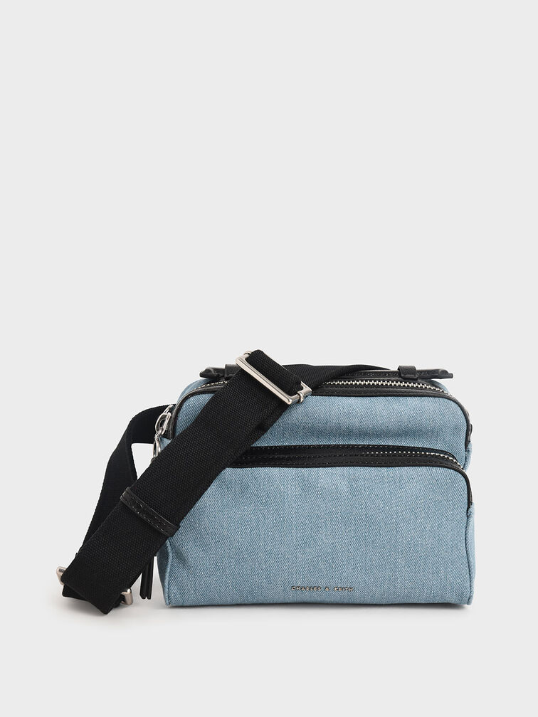 Textured Double Zip Bag, Denim Blue, hi-res