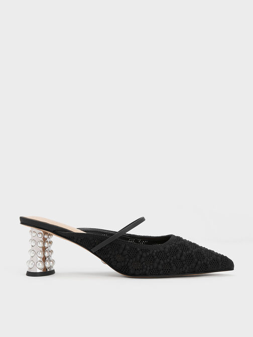 Crochet & Leather Beaded Heel Mules, Black, hi-res