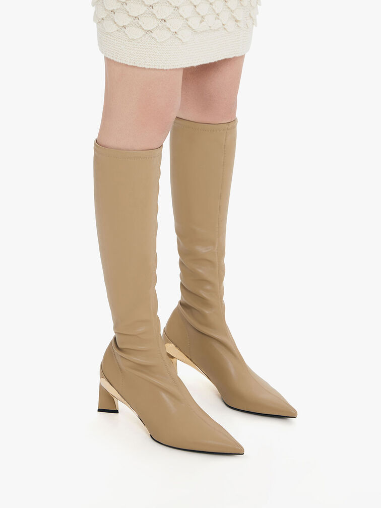 Devon Metallic Blade-Heel Knee-High Boots, Taupe, hi-res