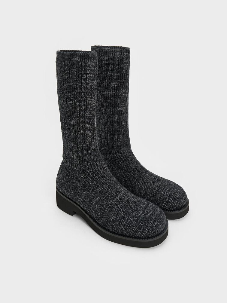 Carly Knitted Sock Mid-Calf Boots, Black Textured, hi-res