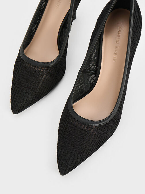Zapatos tejidos de tacón con malla y punta estrecha, Negro texturizado, hi-res