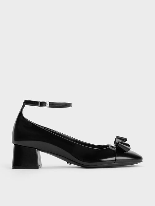 Leather Bow Ankle-Strap Pumps, Black Box, hi-res