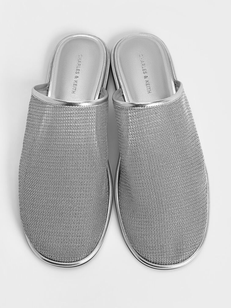 Mules planos de malla con empeine alto, Plateado, hi-res