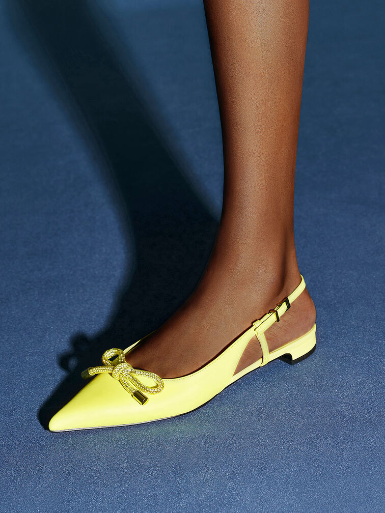 Gem-Embellished Bow-Tie Slingback Flats, Yellow, hi-res