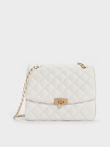 Quilted Chain Strap Bag, White, hi-res