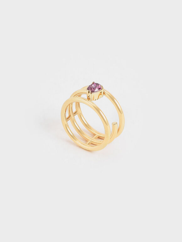 Crystal Embellished Caged Ring, Gold, hi-res