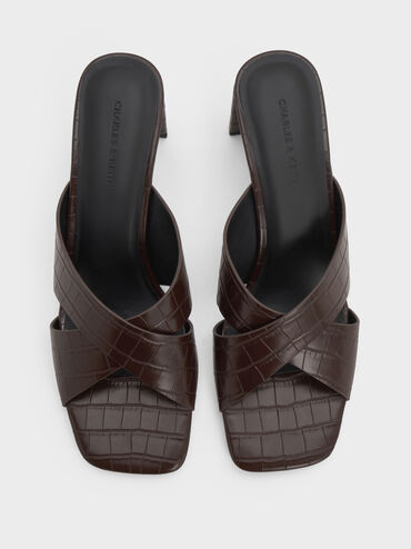 Georgina Croc-Effect Crossover-Strap Blade-Heel Mules, Animal Print Brown, hi-res