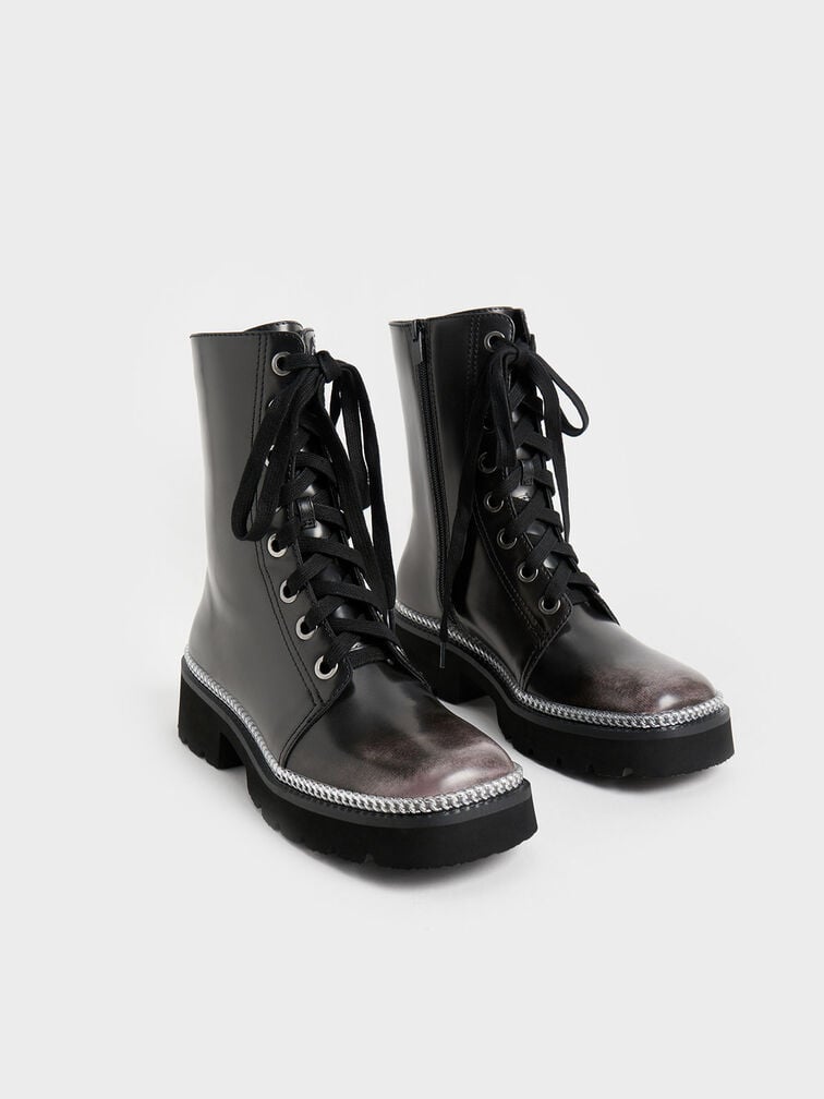 Chain-Trim Lace-Up Boots, Dark Grey, hi-res