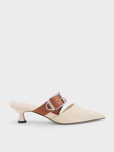 Asymmetric Buckle Linen Heeled Mules, Beige, hi-res