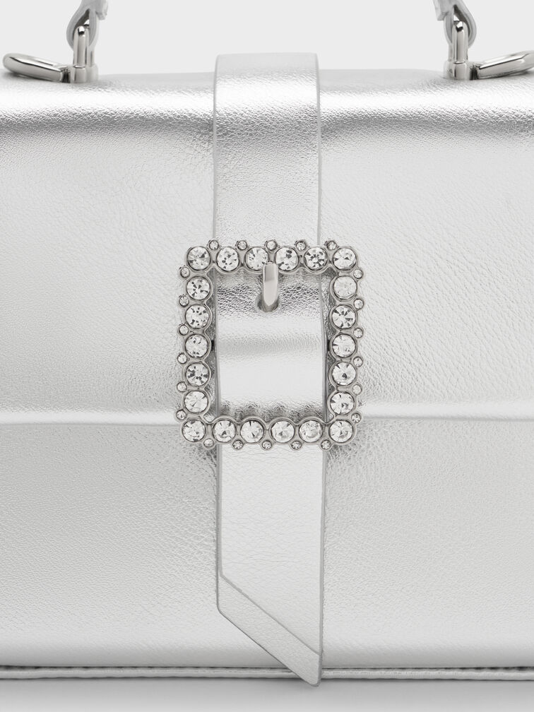 Metallic Crystal-Buckle Belted Top Handle Bag, Silver, hi-res
