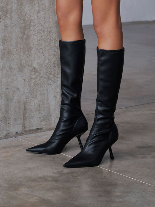 Slant-Heel Knee-High Boots, Black, hi-res