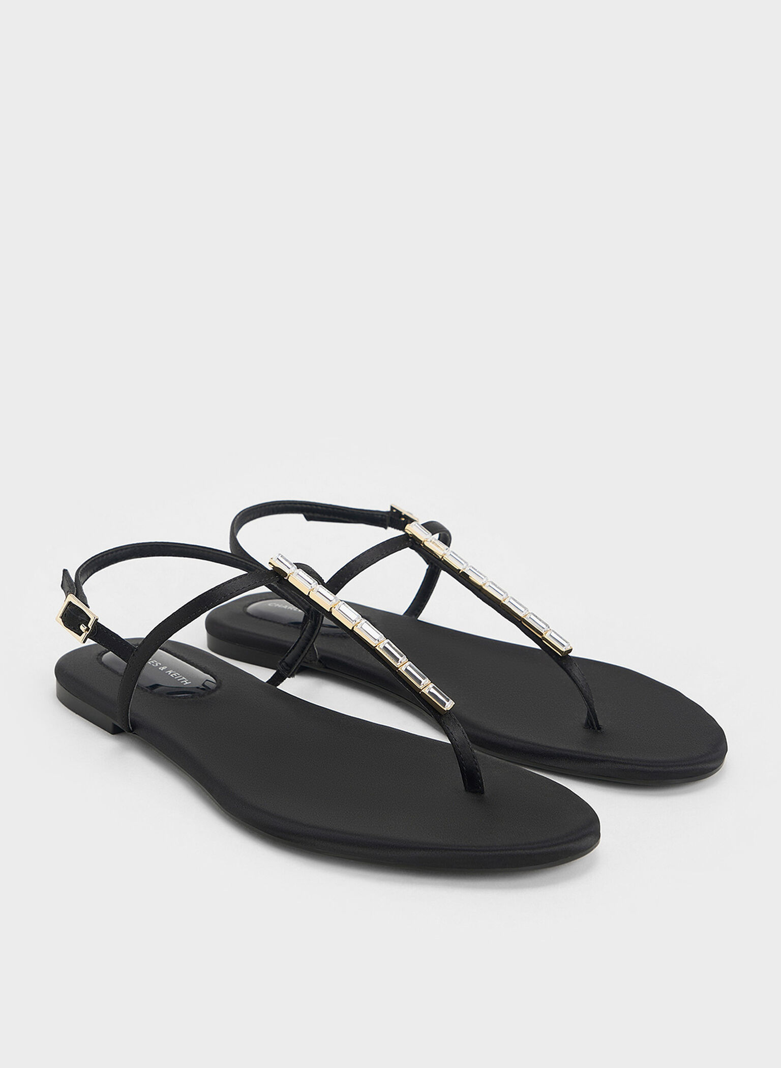Satin Crystal-Embellished Thong Slingback Sandals, Black Textured, hi-res