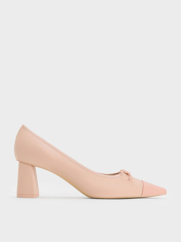 Bow Pointed Cap-Toe Pumps, Pink, hi-res