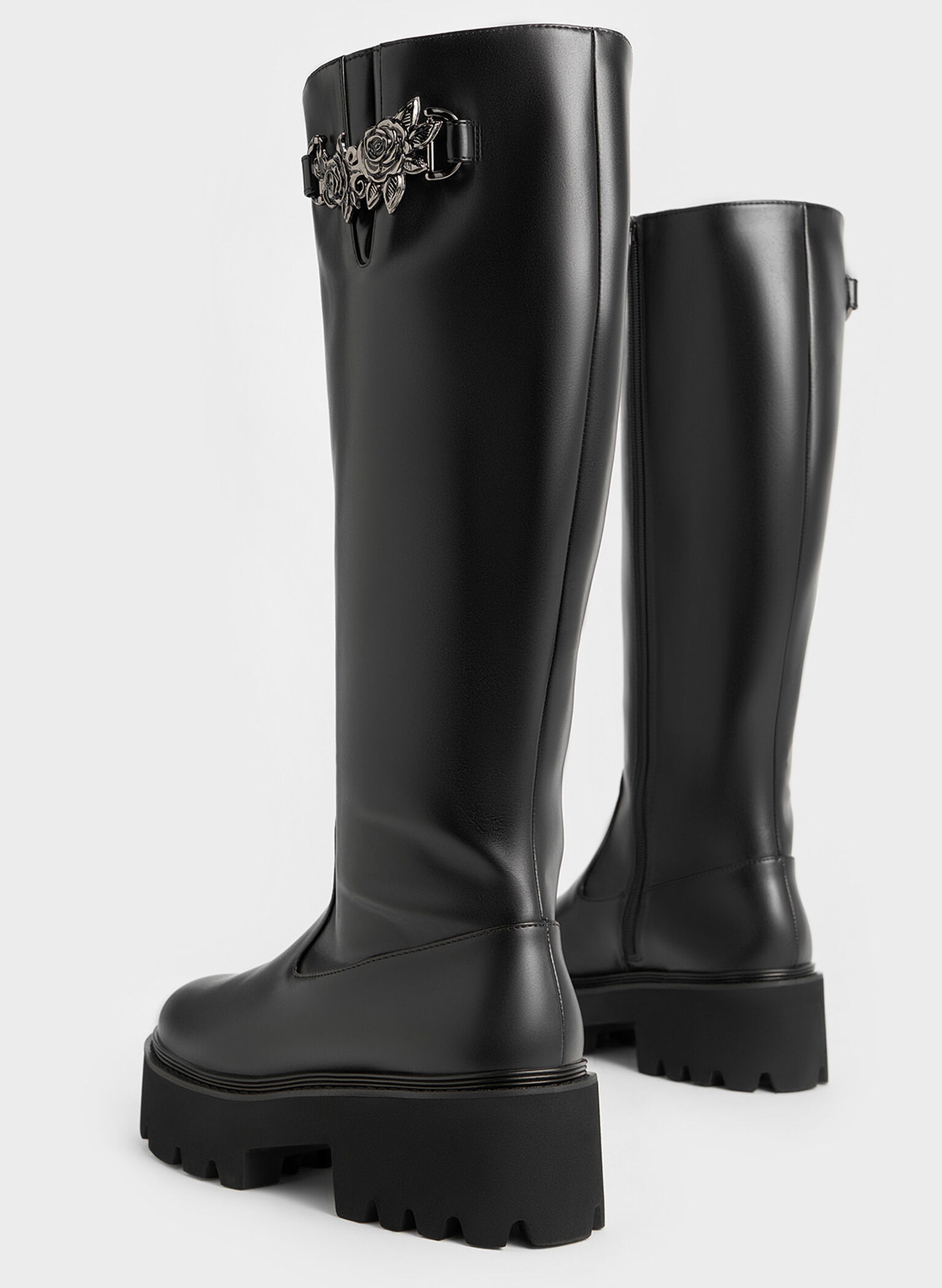 Imogen Rose-Motif Chunky Knee-High Boots, Black, hi-res