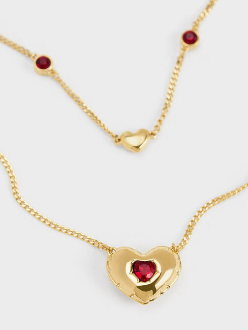 Bethania Heart Crystal Double Chain Necklace, Gold, hi-res