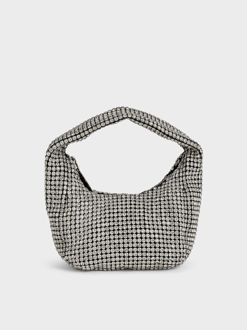 Crystal-Embellished Hobo Bag, Silver, hi-res