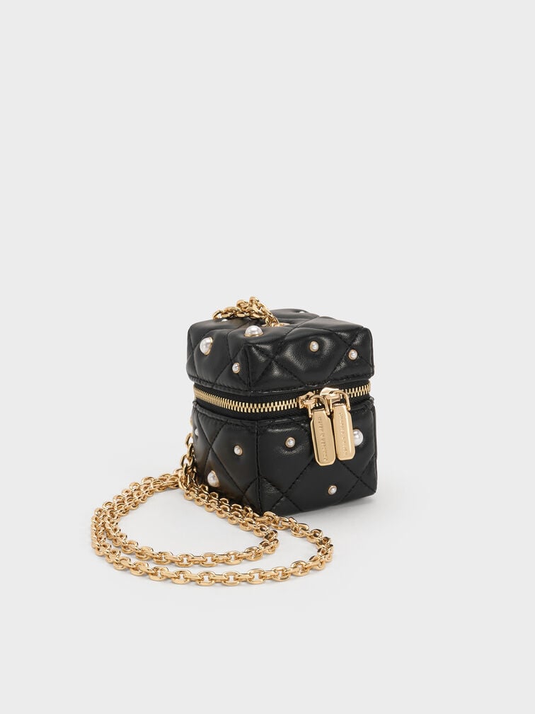 Bolsa quadrada Micro Janie acolchoada com pérolas e alça de corrente, Preto, hi-res