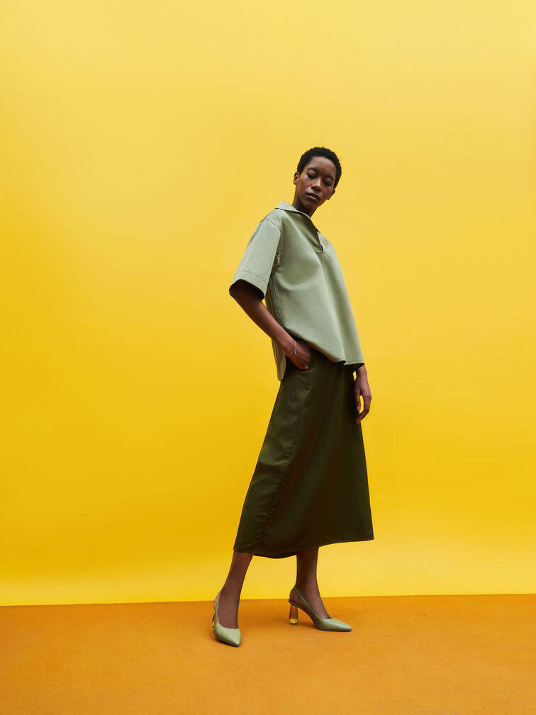 Sculptural Heel Slingback Pumps, Sage Green, hi-res