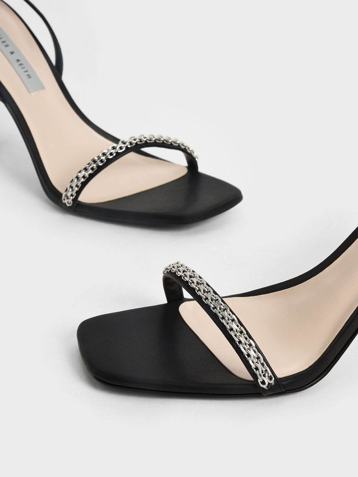 Metallic Accent Ankle-Strap Stiletto Sandals, Black, hi-res