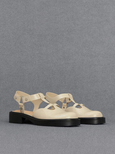 Sandalias de cuero con recortes y tira tipo T, Blanco tiza, hi-res