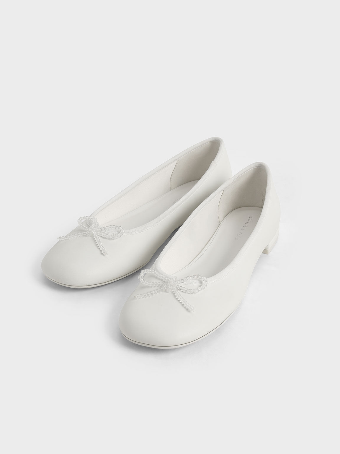 Bead Embellished Bow-Tie Ballerina Flats, White, hi-res