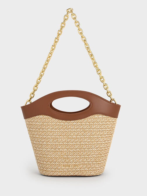 Raffia Chain-Link Curved-Handle Bucket Bag, Multi, hi-res