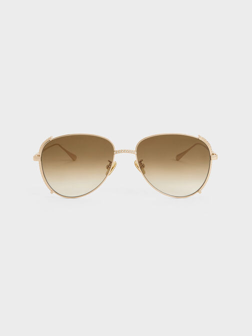 Gem-Embellished Wireframe Aviator Sunglasses, Light Gold, hi-res