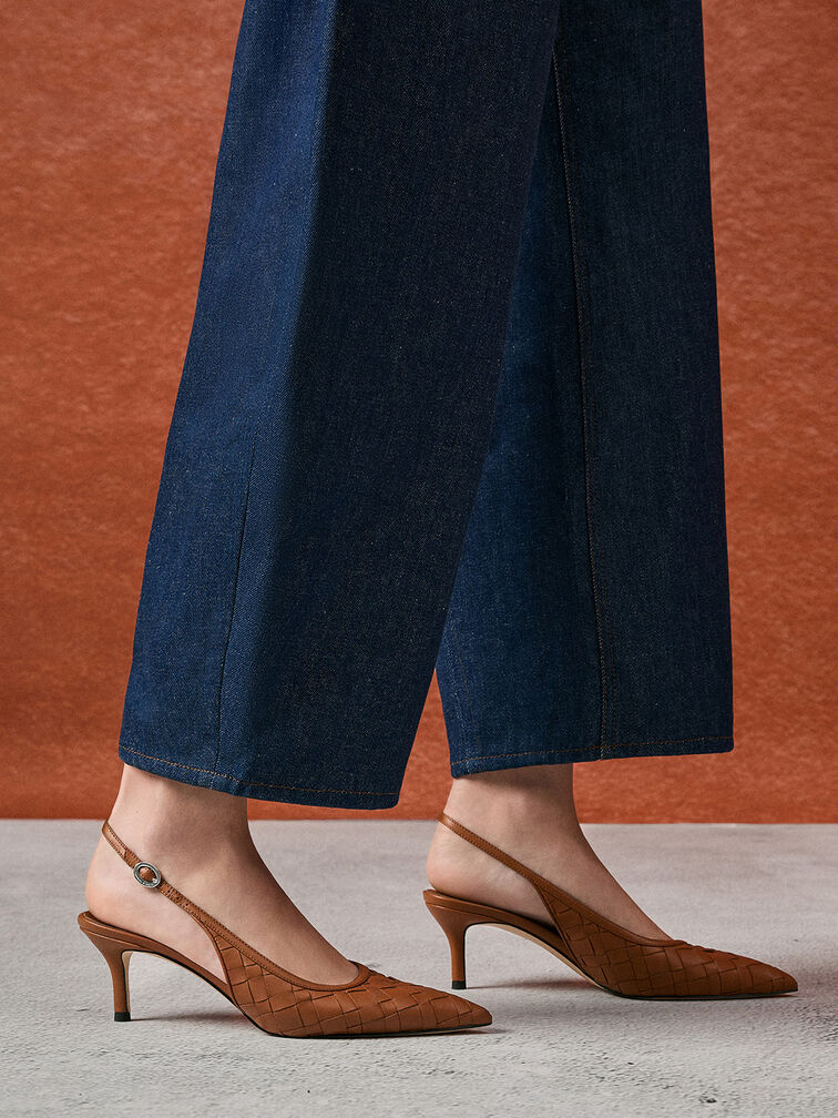 Ivette Woven Pointed-Toe Slingback Pumps, Brown, hi-res