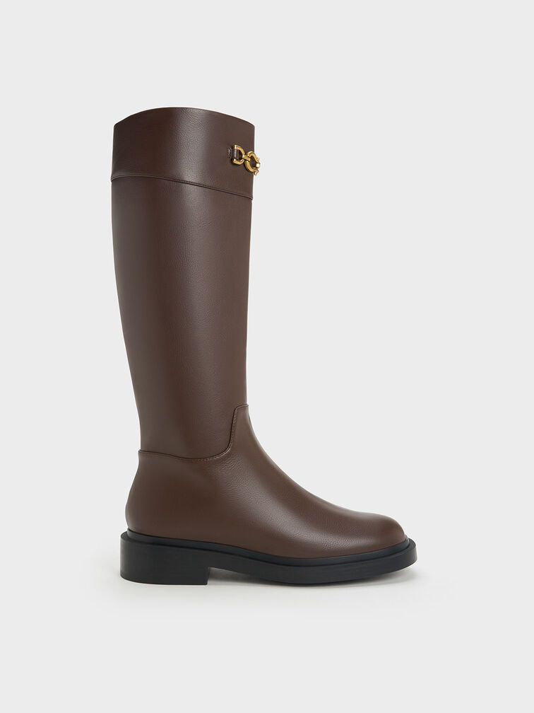 Bryn Metallic Chain Accent Knee-High Boots, Dark Brown, hi-res