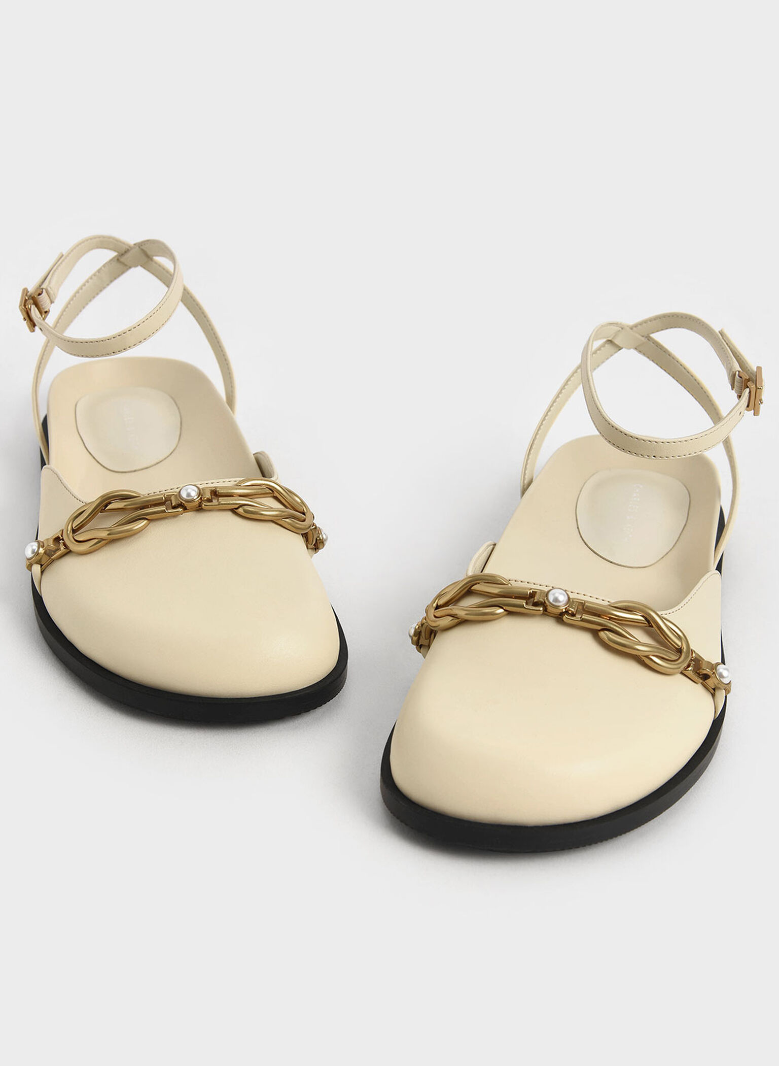 Beaded Chain-Link Ankle Strap Flats, Chalk, hi-res